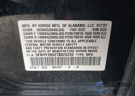 2007 Honda Pilot Ex-L from USA, damaged, VIN 5FNYF28527B025233